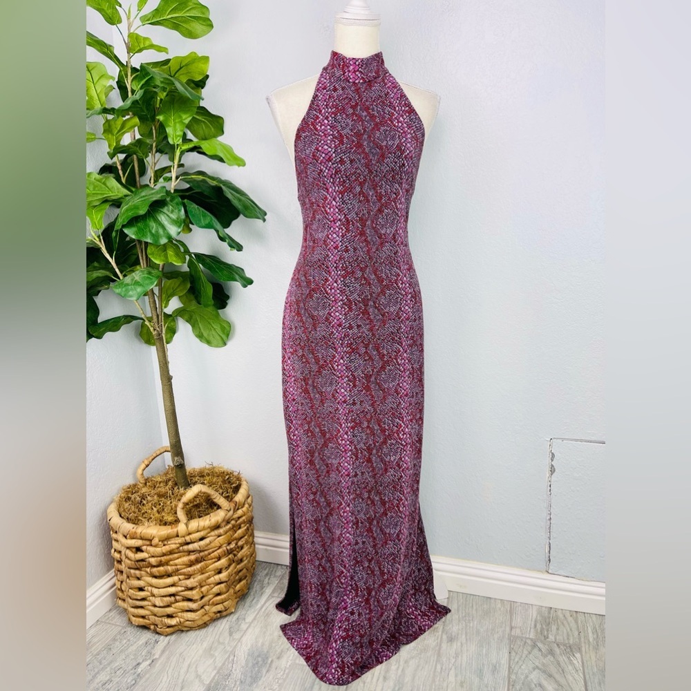 JS Collections Halter Neck Glitter Snake Animal Print Mosaic Slit Evening Dress